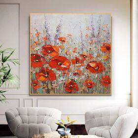 Original Red Flowers Painting Handmade On Canvas Landscape Oil Painting Thick Flowers Oil Wall Art Decor For Living Room Home Decoration (style: 1, size: 100x100cm)