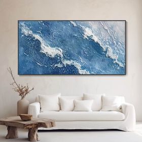 Hand Painted Original Blue Sea White Wave Oil Painting Hand Modern Abstract Texture Art Minimalist Seascape Customizable Living Room Wall Decor Home G (style: 1, size: 140x280cm)